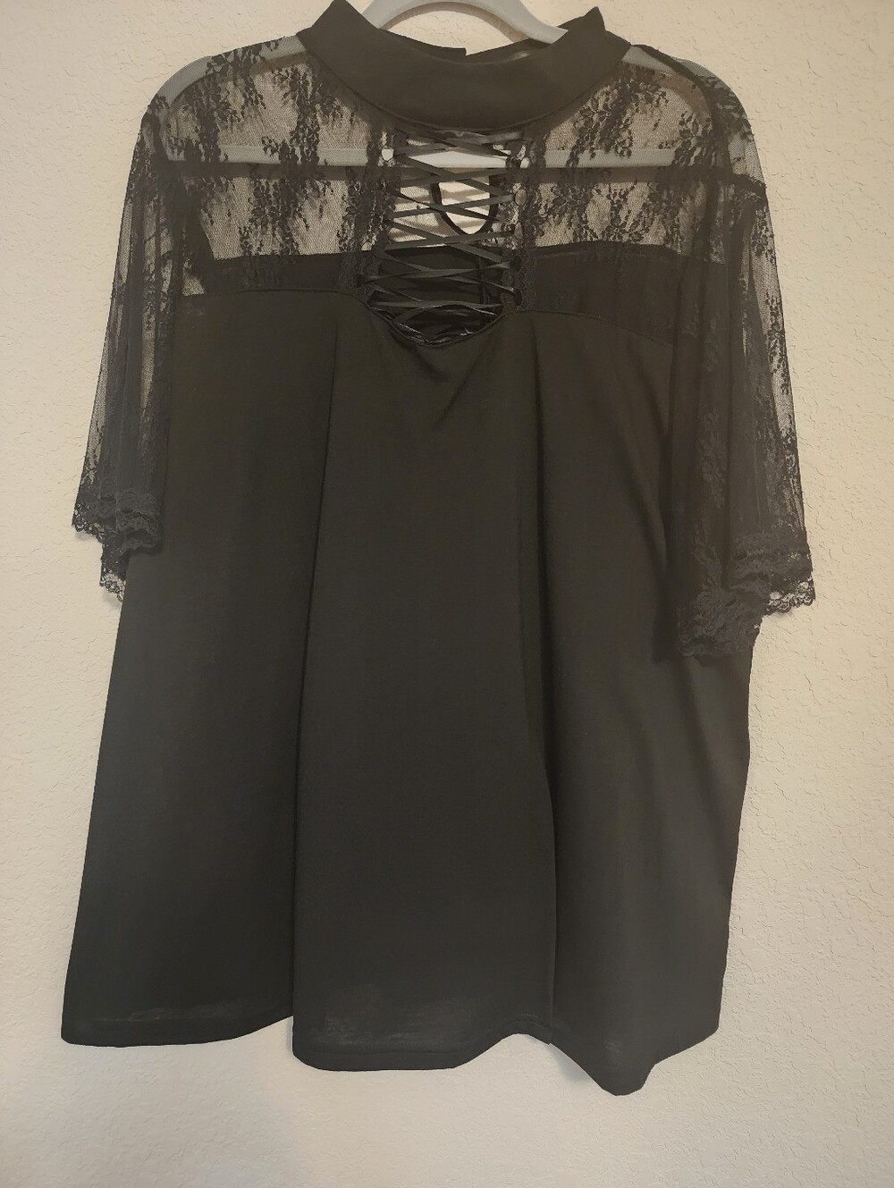 Black Lace Yoke Short Sleeve Blouse - Women's